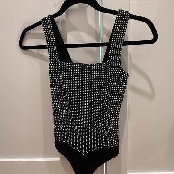 Good American Tops - Good American Black and Silver rhinestone Bodysuit
